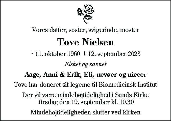 Dødsannonce for Tove Nielsen
