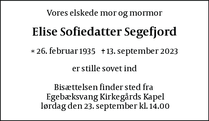 Dødsannonce for Elise Segefjord