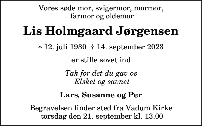 Dødsannonce for Lis Holmgaard Jørgensen