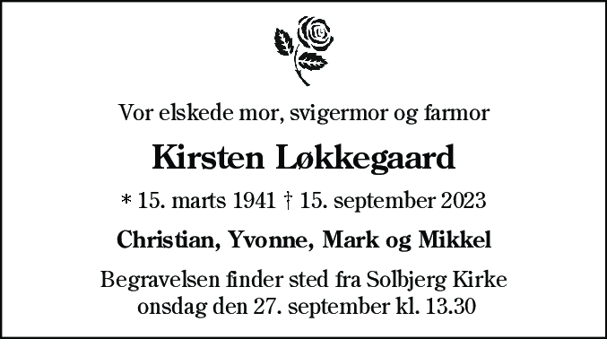 Dødsannonce for Kirsten Løkkegaard