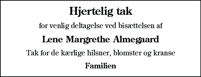 Dødsannonce for Lene Margrethe Almegaard