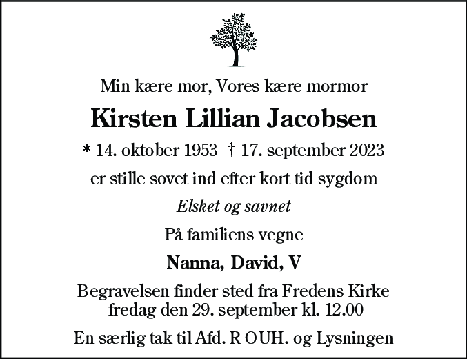 Dødsannonce for Kirsten Lillian Jacobsen