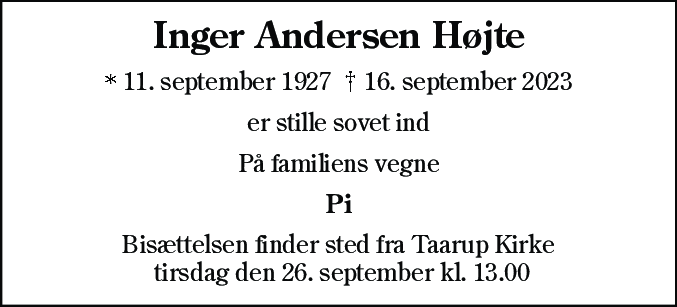 Dødsannonce for Inger Andersen Højte