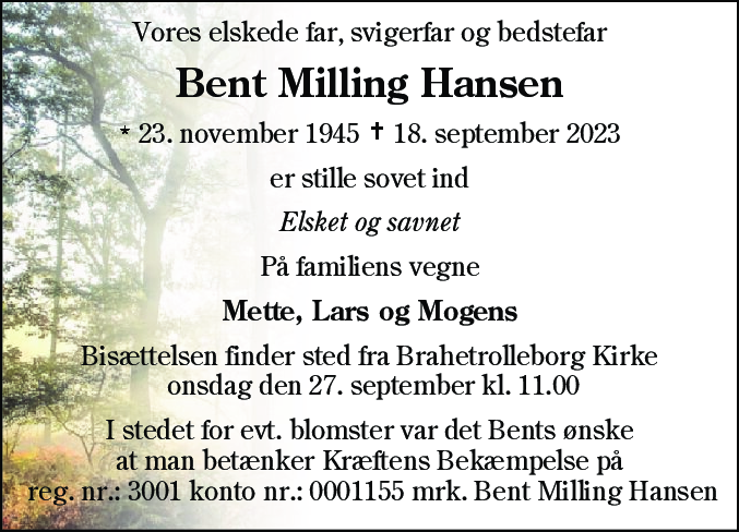 Dødsannonce for Bent Milling Hansen