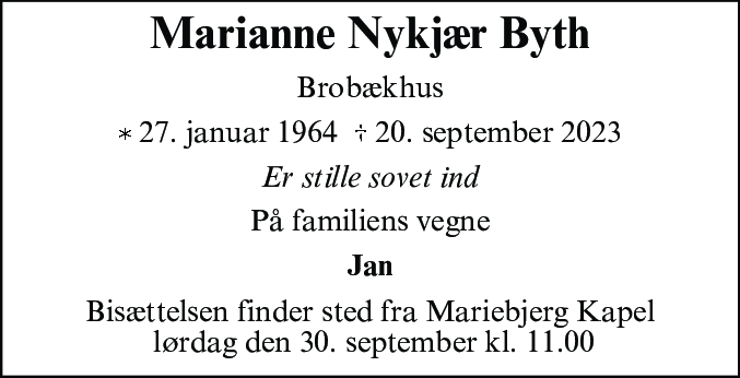 Dødsannonce for Marianne Nykjær Byth