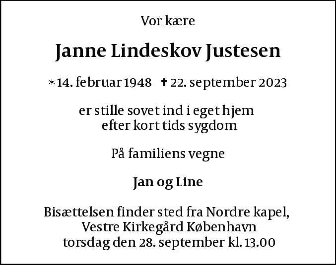 Dødsannonce for Janne Lindeskov Justesen