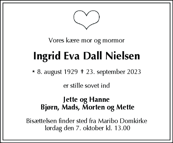 Dødsannonce for Ingrid Eva Dall Nielsen