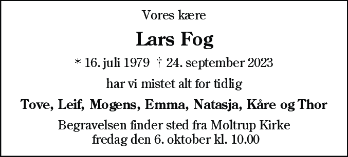Dødsannonce for Lars Fog
