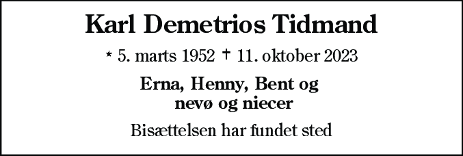 Dødsannonce for Karl Demetrios Tidmand