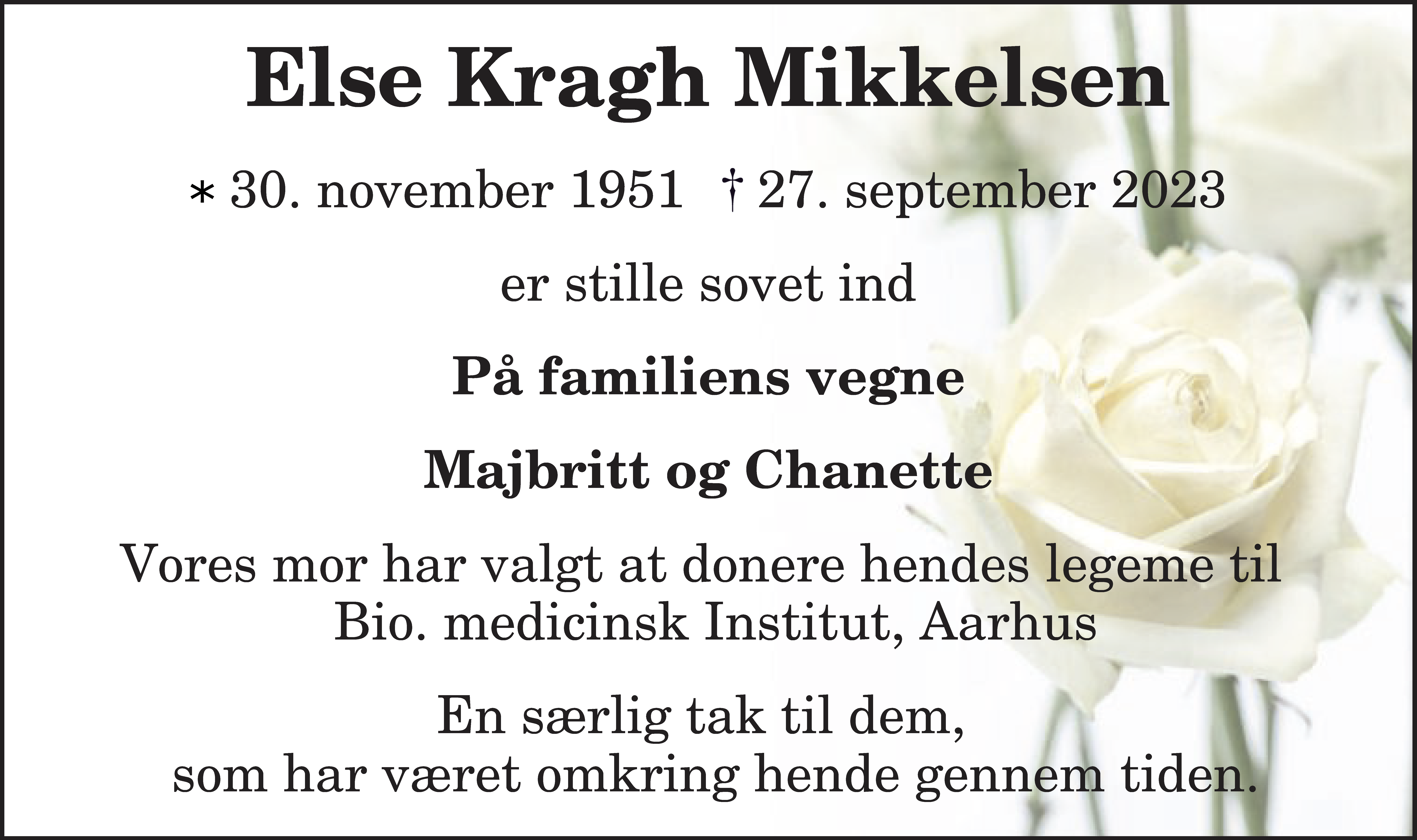 Dødsannonce for Else Kragh Mikkelsen
