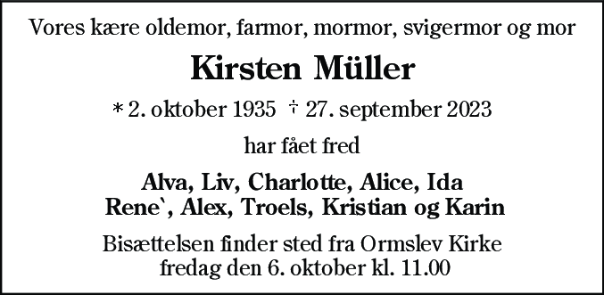 Dødsannonce for Kirsten Müller