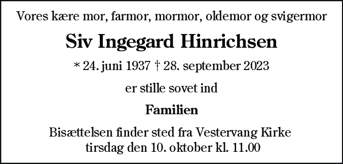 Dødsannonce for Siv Ingegard Hinrichsen