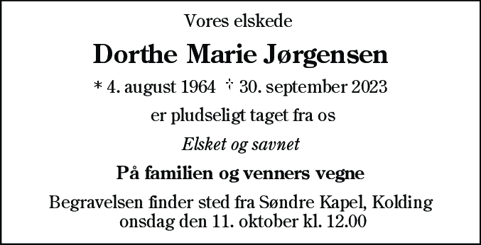 Dødsannonce for Dorthe Marie Jørgensen