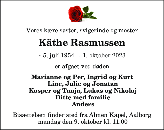 Dødsannonce for Kathe Rasmussen