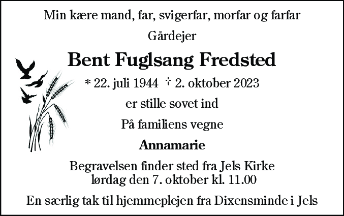 Dødsannonce for Bent Fuglsang Fredsted