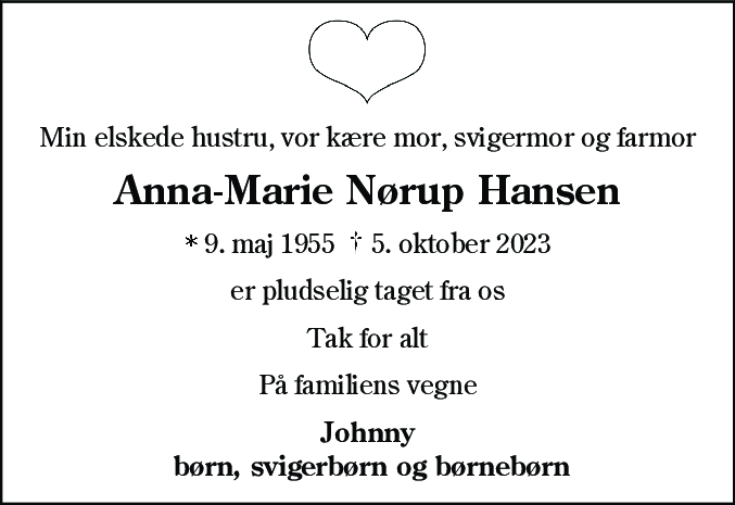 Dødsannonce for Anna-Marie Nørup Hansen