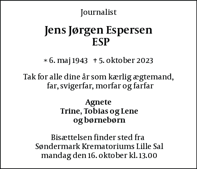 Dødsannonce for Jens Jørgen Espersen