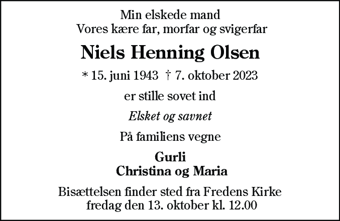 Dødsannonce for Niels Henning Olsen