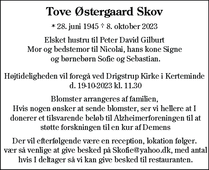Dødsannonce for Tove Østergaard Skov