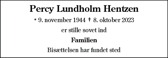 Dødsannonce for Percy Lundholm Hentzen