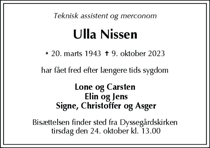 Dødsannonce for Ulla Nissen