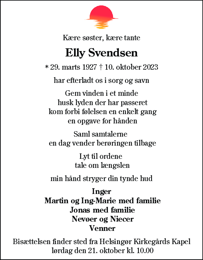 Dødsannonce for Elly Svendsen