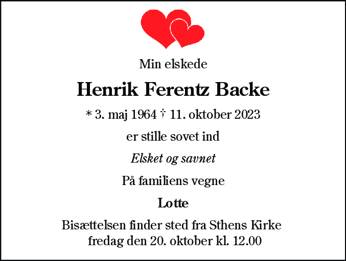 Dødsannonce for Henrik Ferentz Backe