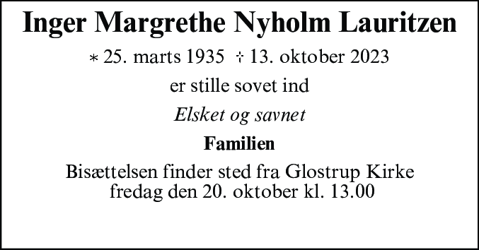Dødsannonce for Inger Margrethe Nyholm Lauritzen
