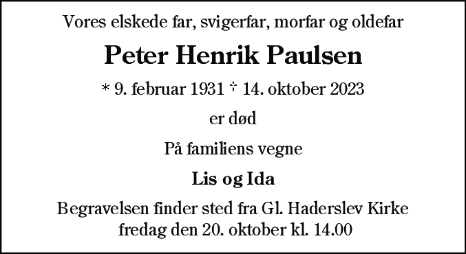Dødsannonce for Peter Henrik Paulsen