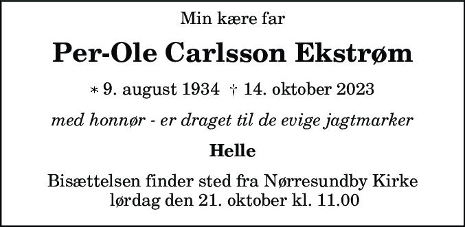 Dødsannonce for Per-Ole Carlsson Ekstrøm