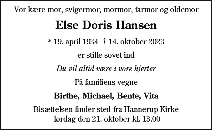 Dødsannonce for Else Doris Hansen