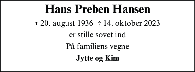 Dødsannonce for Hans Preben Hansen