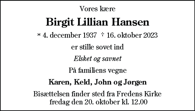 Dødsannonce for Birgit Lillian Hansen