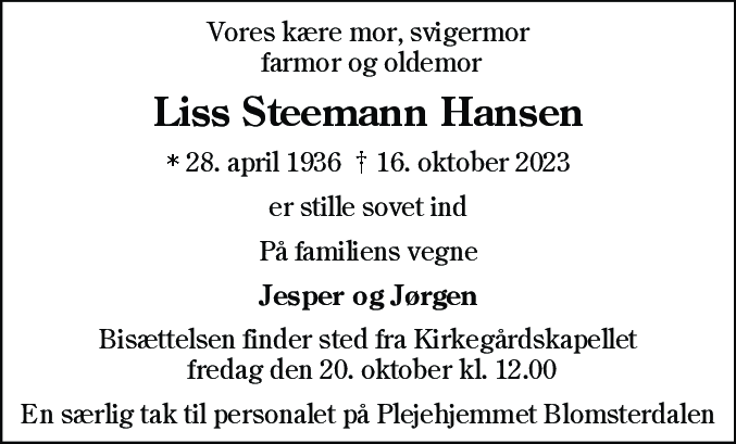 Dødsannonce for Liss Steemann Hansen