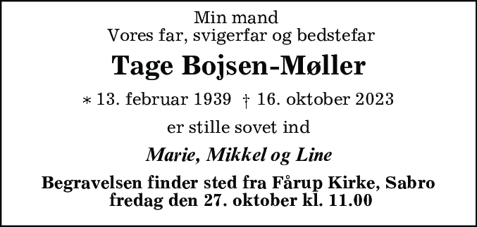Dødsannonce for Tage Bojsen-Møller