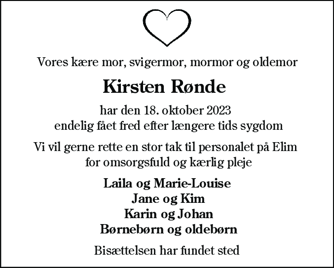 Dødsannonce for Kirsten Rønde Lübker