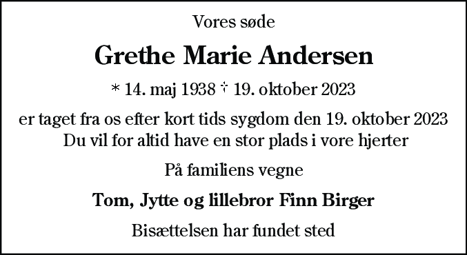 Dødsannonce for Grethe Marie Andersen