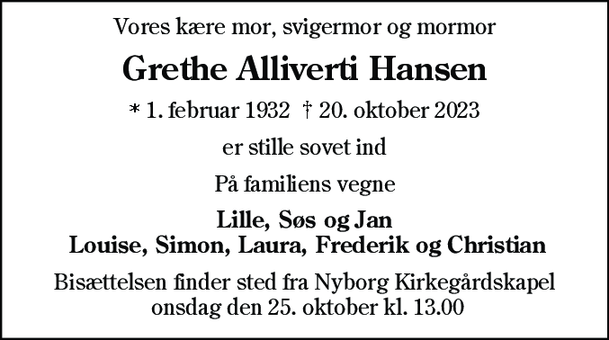 Dødsannonce for Grethe Alliverti Hansen