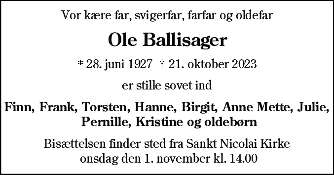 Dødsannonce for Ole Harry Ballisager