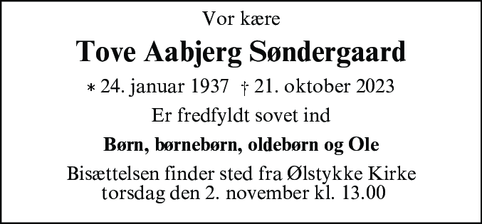 Dødsannonce for Tove Aabjerg Søndergaard