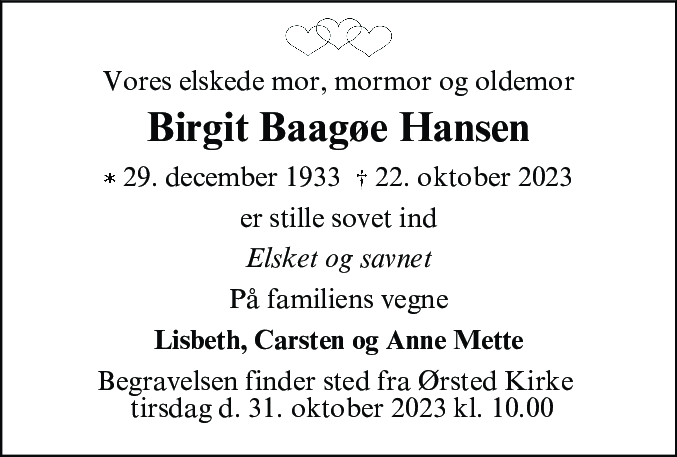 Dødsannonce for Birgit Baagøe Hansen