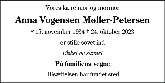 Dødsannonce for Anna Vogensen Møller-Petersen