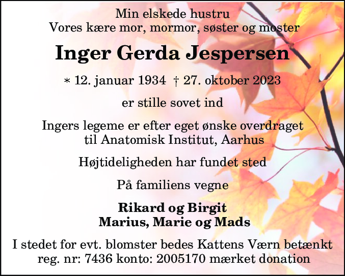Dødsannonce for Inger Gerda Jespersen