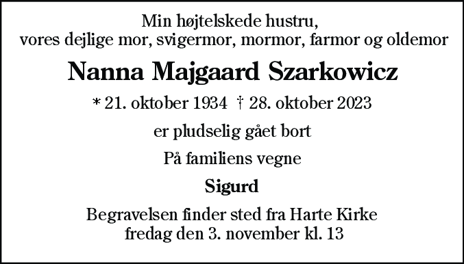 Dødsannonce for Nanna Majgaard Szarkowicz