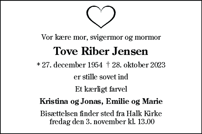 Dødsannonce for Tove Riber Jensen