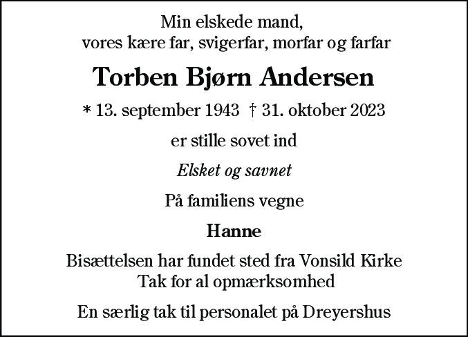 Dødsannonce for Torben Bjørn Andersen