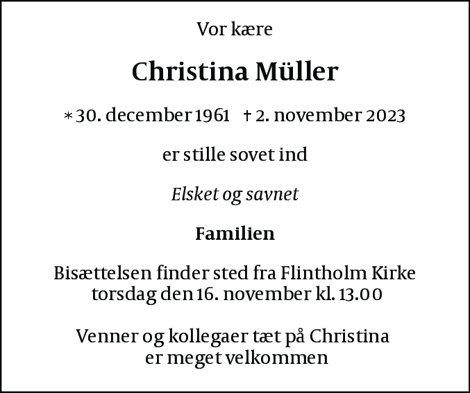 Dødsannonce for Christina Müller