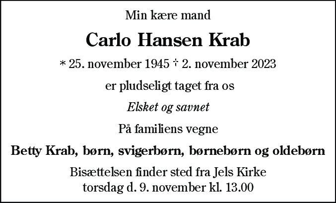 Dødsannonce for Carlo Hansen Krab