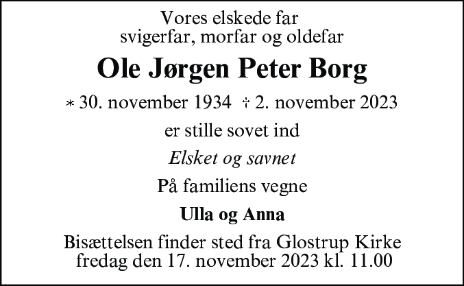 Dødsannonce for Ole Jørgen Peter Borg