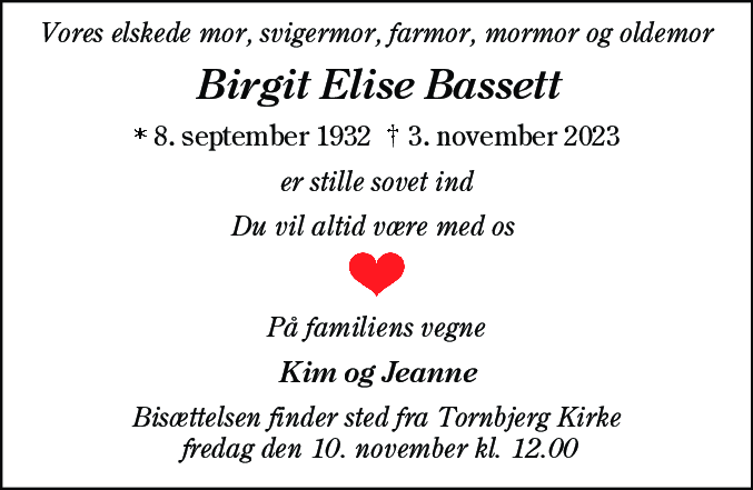 Dødsannonce for Birgit Elise Bassett
